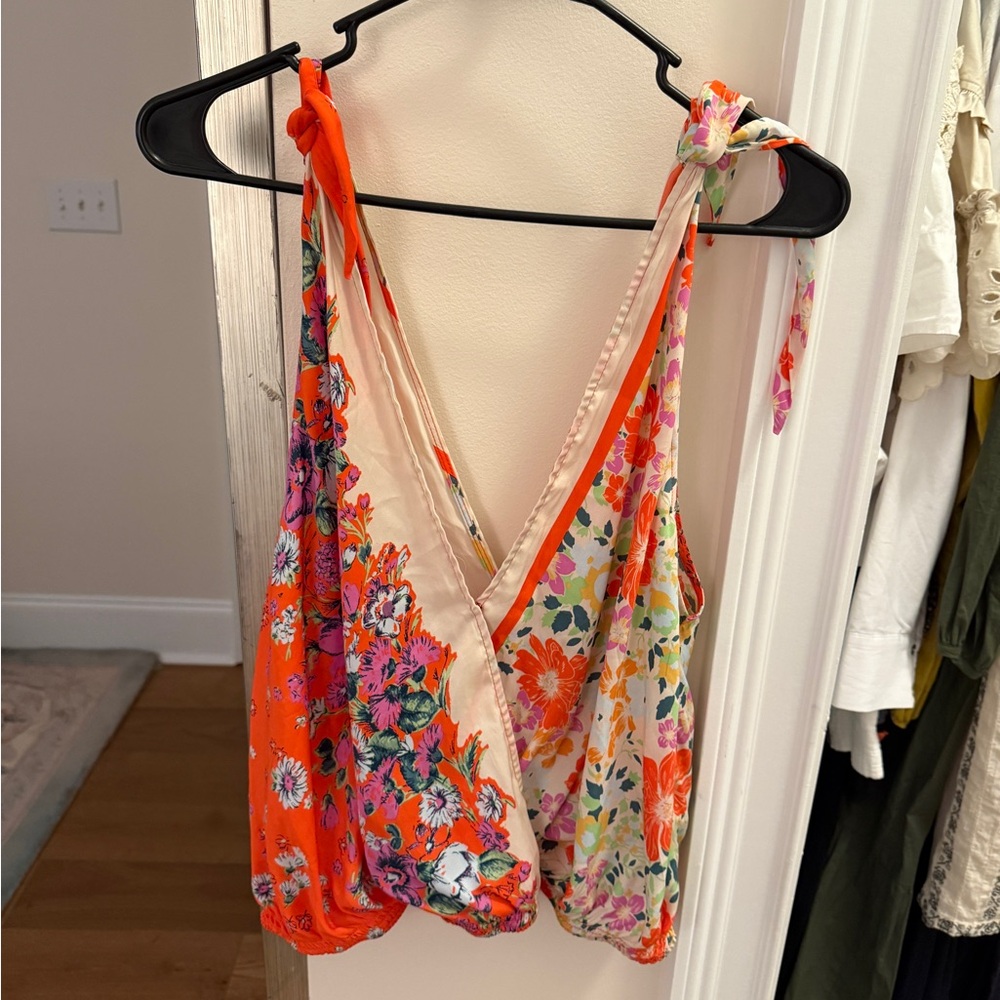 Free People Orange Asymmetrical Tie Front Tank Top